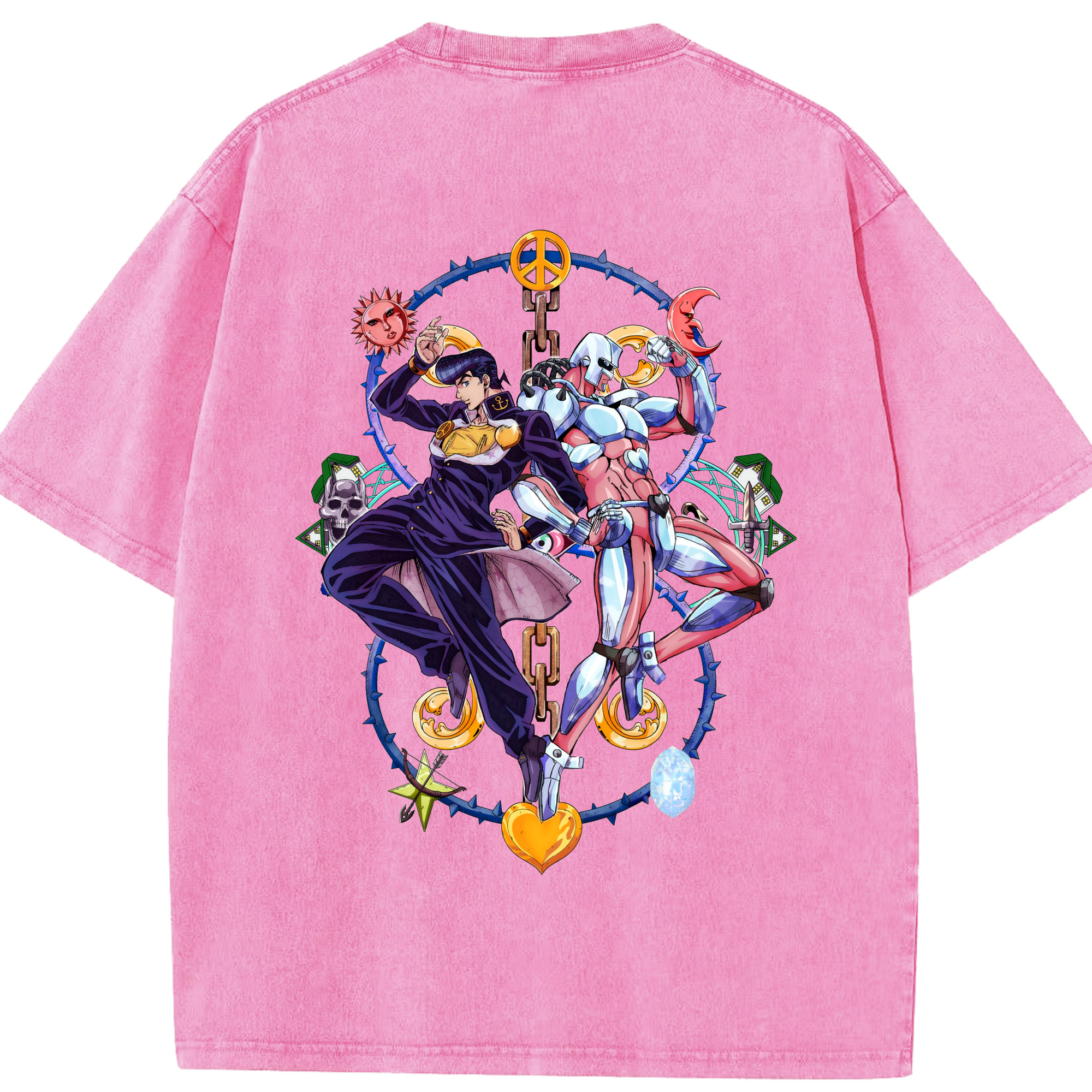 （画像用） ジョジョの奇妙な冒険 ひがしかた じょうすけ JoJo's Bizarre Adventure Higashikata Josuke 綿100% ヴィンテージ風 半袖Tシャツ（背面プリント）